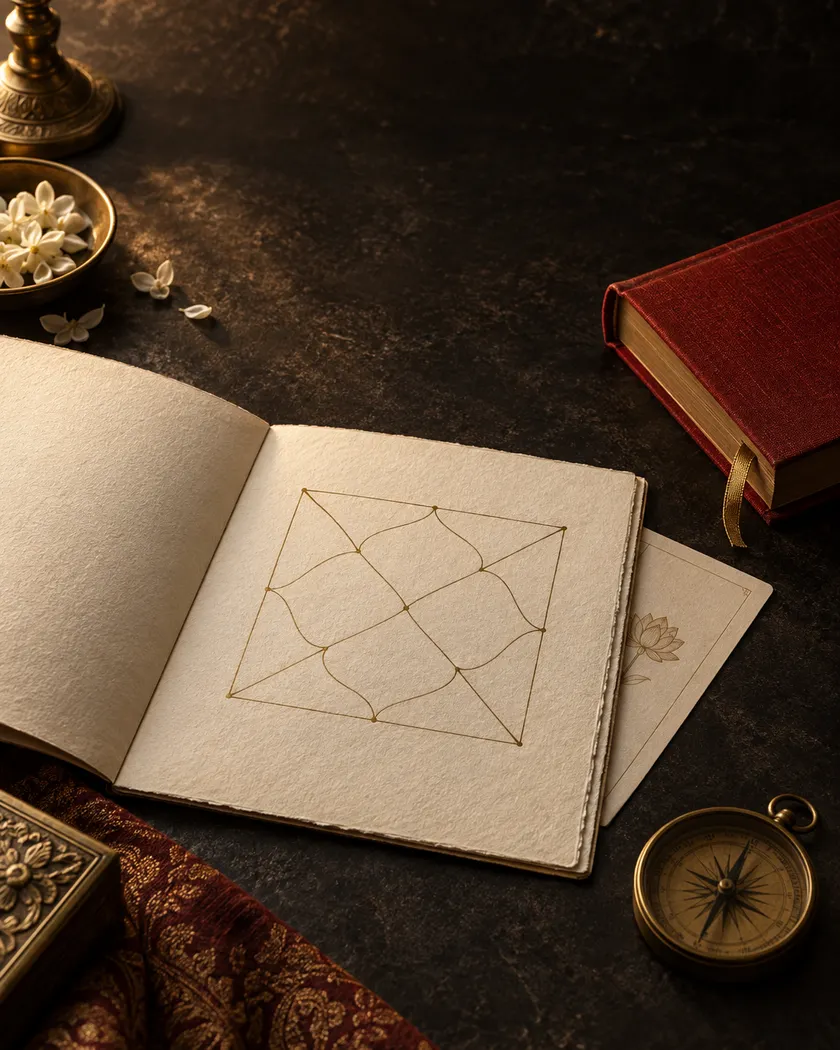 An illustrated study with an ivory chart folio, red book and brass compass